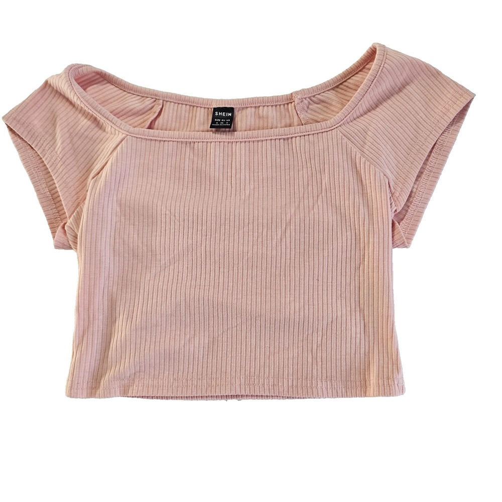 SHEIN Womens Pink Ribbed Crop Top Small Short Sleeve Square Neck Stretch Tee